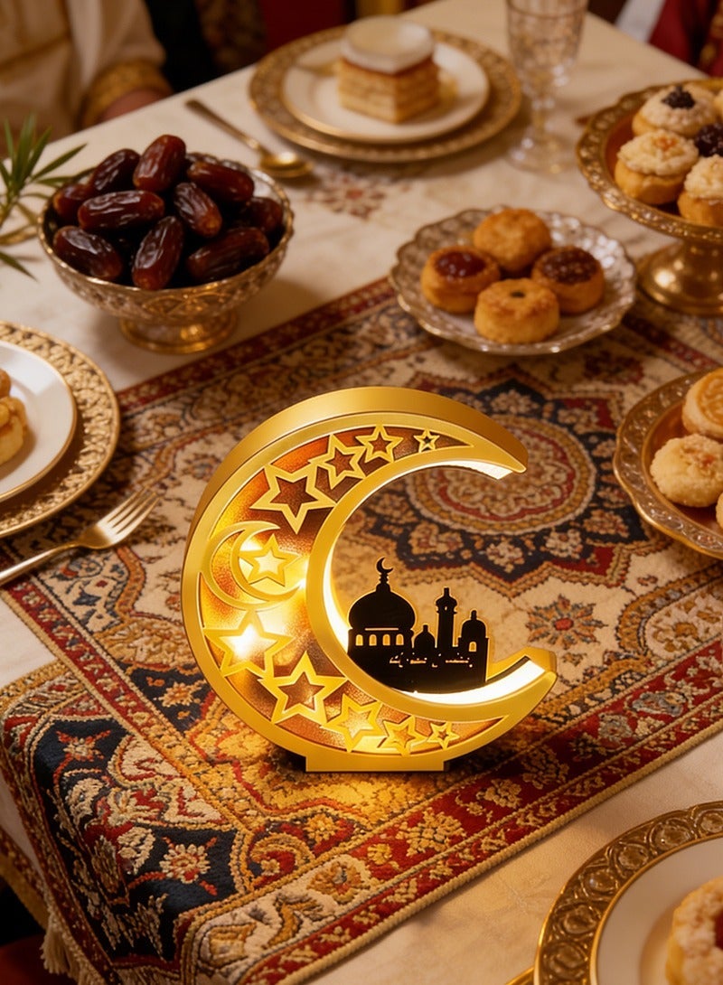 يواوليتي أضواء رمضان، مصباح طاولة رمضان على شكل قمر، مصباح طاولة خشبي للمنزل، ديكور رمضان مبارك - Image 2
